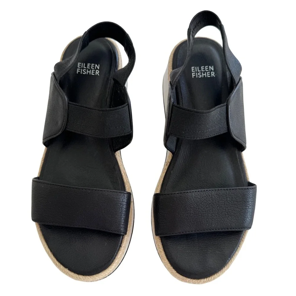 Eileen Fisher Dash Wedge Sandals 7.5 Black Leather Platform Espadrille Comfort